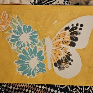 Floral Butterfly Canvas Art in Yellow, Teal & White
